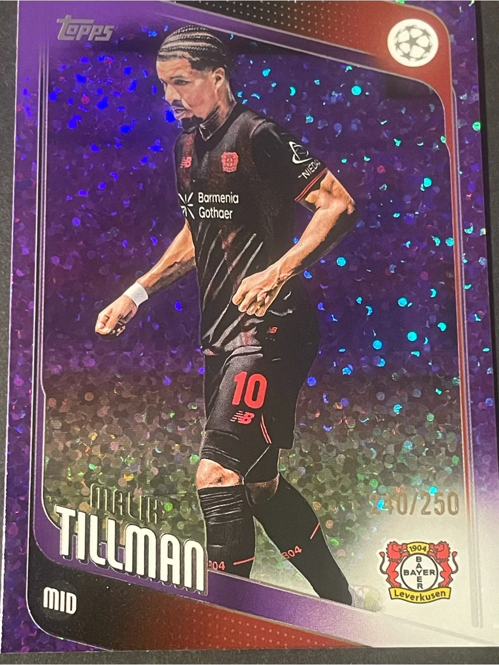 2025/26 Topps UEFA Malik Tillman #24 Purple Inferno Holo 240/250 Card